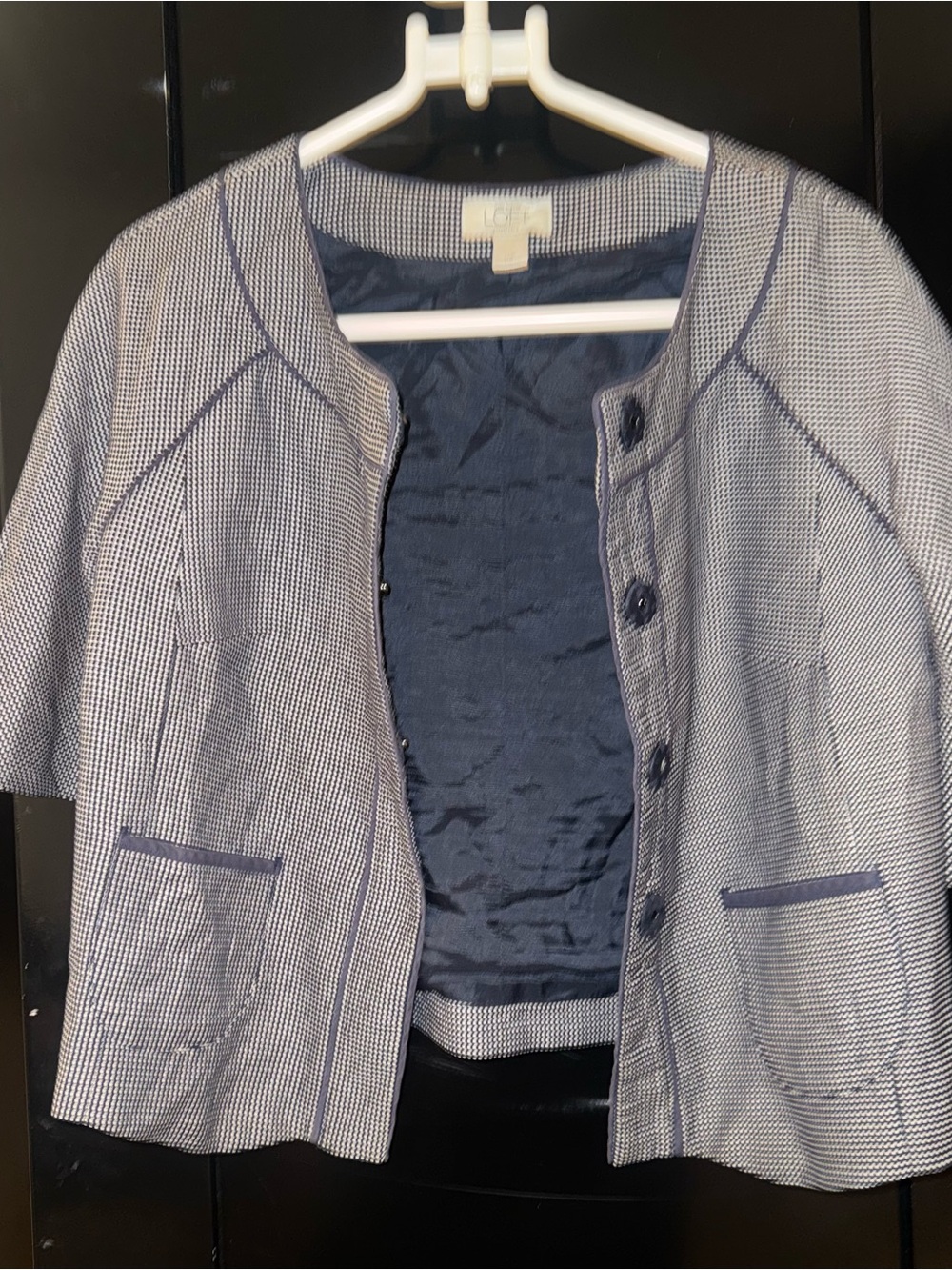 LOFT Petites Navy and White Short Sleeve Jacket